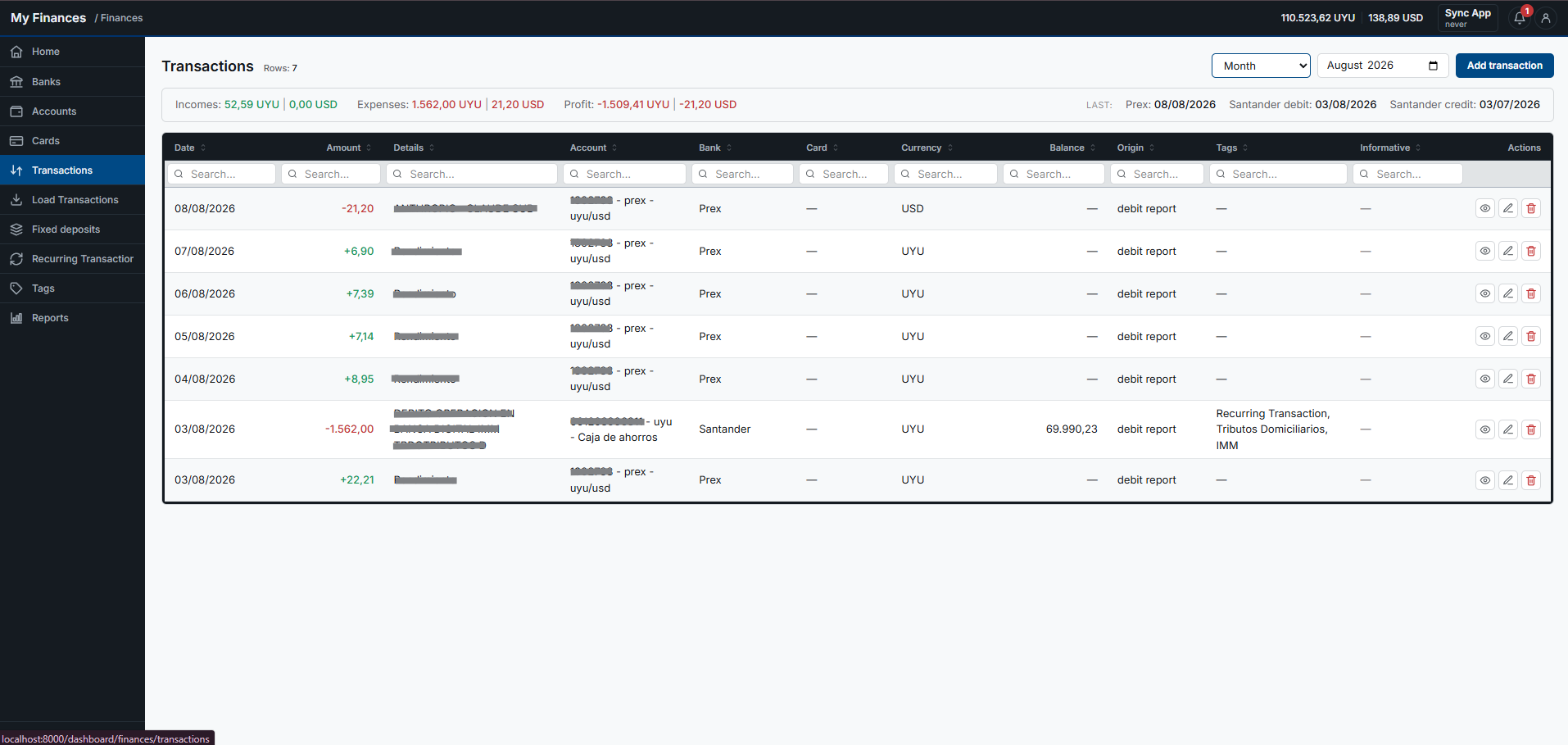 Transaction list