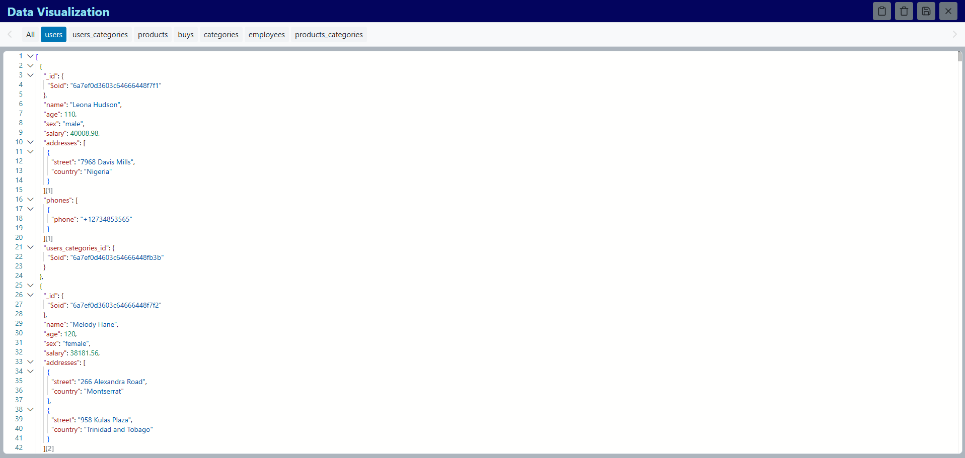 Generated data previewed as JSON